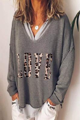 LOVE LEOPARD PRINT V NECK LONG SLEEVE CASUAL TOP