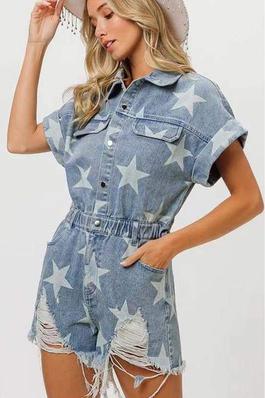 DISTRESSED PRINTED BUTTONED ROMPER