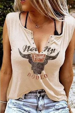 HIGHLAND CATTLE LETTER PRINT EYELET DECOR CASUAL TANK TOP