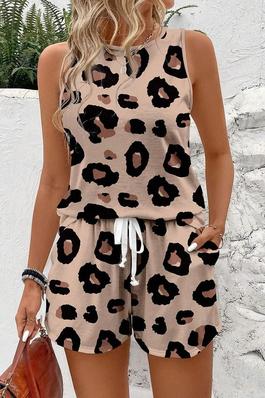 SUMMER LEOPARD PRINT ROUND NECK TANK TOP WITH WAIST TIE SHORTS 2PCS CASUAL SLIM FIT WOMEN S OUTFIT
