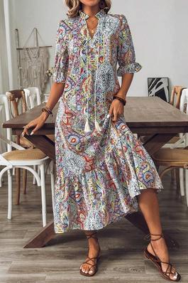 EMERY ROSE PAISLEY PRINTED KNOT NECKLINE RUFFLE HEM VACATION CASUAL DRESS FOR SUMMER