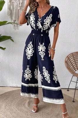 VCAY WOMEN S PRINTED V NECK SHORT SLEEVE JUMPSUIT SUITABLE FOR SUMMER