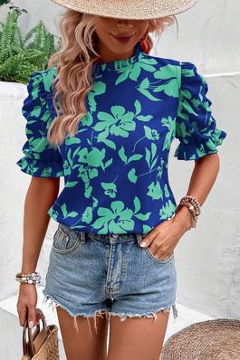 VCAY FLORAL PRINT PUFF SLEEVE MOCK NECK BLOUSE