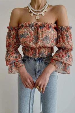 FLORAL PRINT OFF SHOULDER BELL SLEEVE CHIFFON TOP