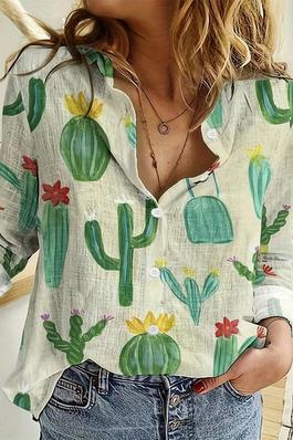 CACTUS PRINT LONG SLEEVE SHIRT FOR VACATION AND LEISURE