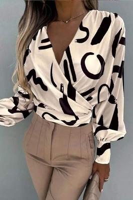 ABSTRACT PRINT LANTERN SLEEVE RUCHED WRAP TOP
