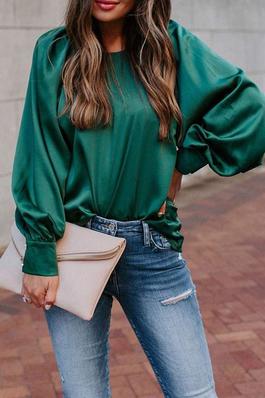 BLOUSE FOR WOMEN GREEN JEWEL NECK CASUAL LONG SLEEVES POLYESTER T SHIRT