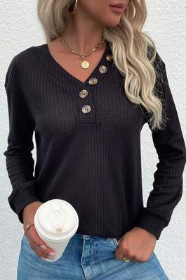 BLACK BLOUSE FOR WOMEN LONG SLEEVES STRETCH BUTTONS VNECK POLYESTER T SHIRT