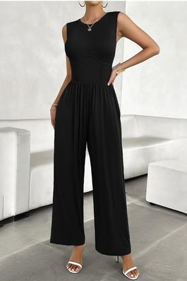 Pure Color Sleeveless Jumpsuit With Slim Fit