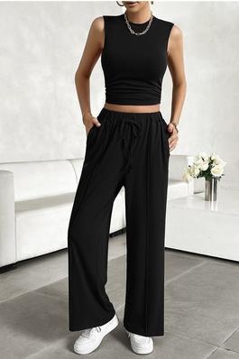 Sleeveless Round Neck Top And Long Pants Set