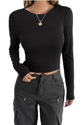Slim Fit Long Sleeve Round Neck Solid Color Top
