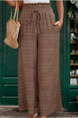 Solid Color Wide Leg Casual Pants With Texture