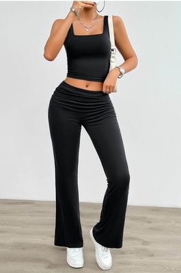Solid Color Sleeveless Crop Top And Leggings Set