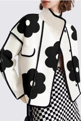 Long Sleeves Loose Contrast Color Flower Print Split-Joint Stand Collar Jackets Outerwear Woolen Coa