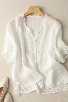 Women's Organic Cotton V-Neck Short Sleeve Loose Shirt