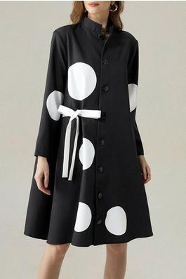 Long Sleeves Loose Asymmetric Buttoned Polka-Dot Tied Mock Neck Jackets&Coats Midi Dresses Outerwear