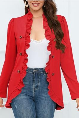 Long Sleeves Loose Buttoned Ruffled Collarless Outerwear