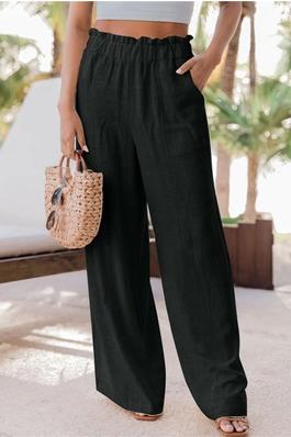 Solid Color Wide Leg Pockets Casual Loose Pants