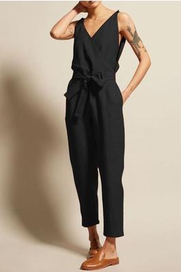 Sleeveless V-Neck Solid Color Waist Tied Jumpsuits