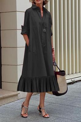 A-Line Long Sleeves Pleated Solid Color Lapel Collar Midi Dresses