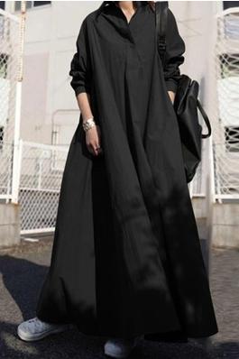 Solid Color Long Sleeves Lapel Casual Loose Large Hem Retro Maxi Dress