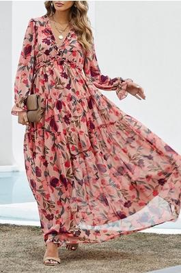 High Waisted Long Sleeves Flower Print Pleated Ruffled V-Neck Maxi Dresses