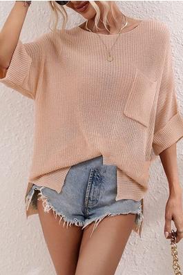 Loose Short Sleeves See-Through Solid Color Split-Joint Round-Neck Sweater Tops