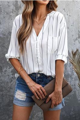 ong Sleeves Loose Buttoned Pockets Striped V-Neck Blouses&Shirts Tops