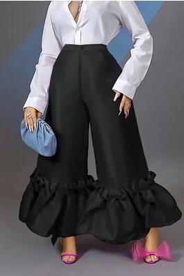 Loose Wide Leg Buttoned Falbala High-Waisted Solid Color Flared Trousers Pants