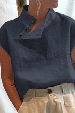 Cap Sleeve Solid Color Stand Collar Blouses&shirts Tops
