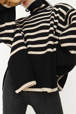 Long Sleeves Loose Contrast Color Split-Joint Split-Side Striped High Neck Sweater Tops