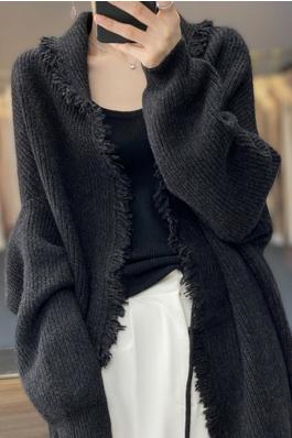 Solid Color Long Sleeves Fringed Knitted Cardigan