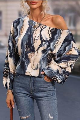 Long Sleeves Loose Asymmetric Printed One-Shoulder Blouses&Shirts Tops