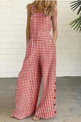 Loose Sleeveless Buttoned Plaid Pockets Collarless Overalls