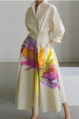 Long Sleeves Loose Floral Printed Pleated Split-Joint Tied Waist Lapel Midi Dresses Shirt Dress