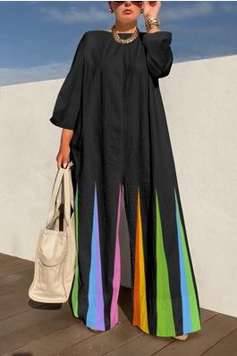High Waisted Long Sleeves Striped Round-Neck Jumpsuits