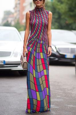 Skinny Sleeveless Contrast Color Plaid Printed High Neck Maxi Dresses