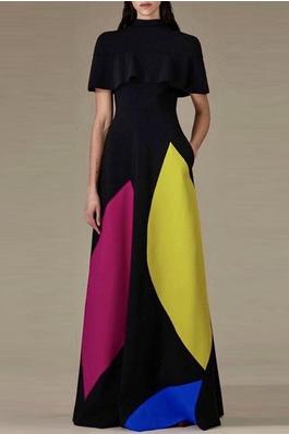 Loose Short Sleeves Contrast Color Stand Collar Maxi Dresses
