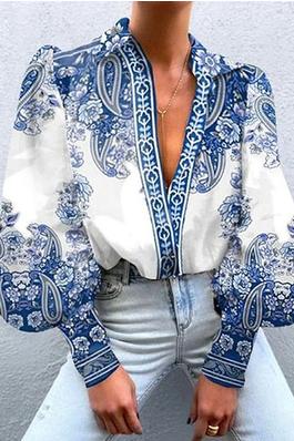 Long Sleeves Loose Buttoned Flower Print V-neck Blouses&shirts Tops