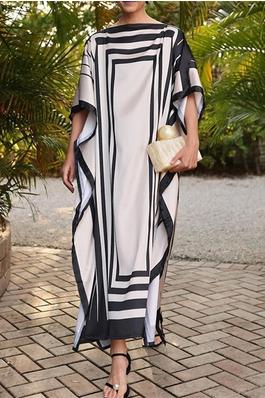 Batwing Sleeves Loose Printed Split-Side Striped Boat Neck Maxi Dresses