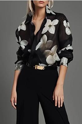 Long Sleeves Loose Floral Printed Lapel Blouses