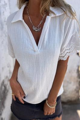 Lace Splicing Sleeve Collared V Neck Blouse