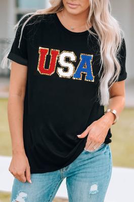 Black Glitter Trim Chenille USA Graphic T Shirt