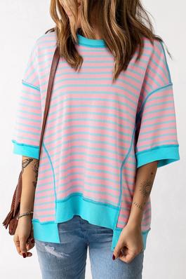 Stripe Contrast Trim Exposed Seam High Low T Shirt