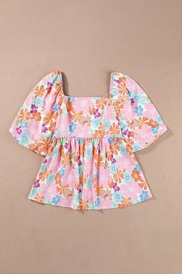 Floral Puff Sleeve Square Neck Babydoll Blouse