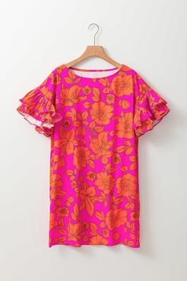 Pink Voluminous Ruffled Sleeve Floral Dress