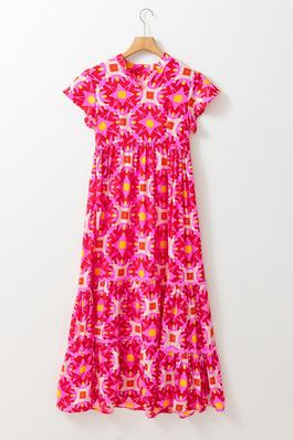 Strawberry Pink Geo Print V-neck Maxi Dress