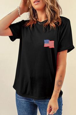 Black American Flag Embroidered Round Neck T Shirt