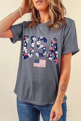Gray Blooming USA Flag Print Casual T Shirt