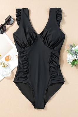 Black Ruffled Trim Ruched One Piece Bathing Suit